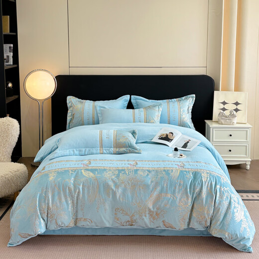 Nanjiren (Nanjiren) high-end milk velvet four-piece set double-sided velvet coral velvet embroidered duvet cover double winter thickened baby velvet duvet cover Dielianhua-Sky Blue Thick velvet non-shedding bed sheet 1.8m four-piece set-duvet cover 200x230cm