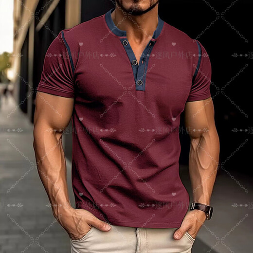 Tough guy style t-shirt for men 2025 summer new American style European and American men's fitted short-sleeved henley shirt large size burgundy burgundy S recommendation (120Jin Jin is equal to 0.5kg -135Jin Jin is equal to 0.5kg)