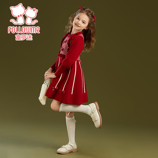 Fuluo Mi Girls Dress Winter Sweet and Fashionable Princess Knitted Skirt Little Girl Thickened Sweater Skirt Red 150