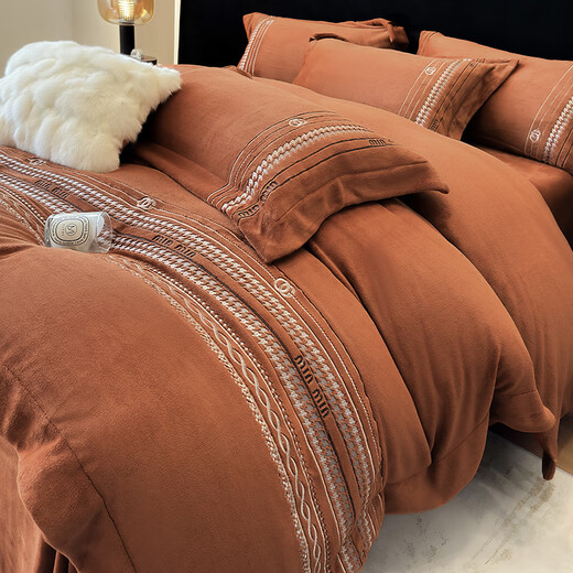 Mercury Series Thickened Anti-static Class A Baby Grade High Weight Milk Velvet Warm Four-piece Set Light Luxury Premium Sheet Sheet Bedding Velvet Hera-Emma Orange 1.5m Sheet Style (Duvet Cover 200*230cm)