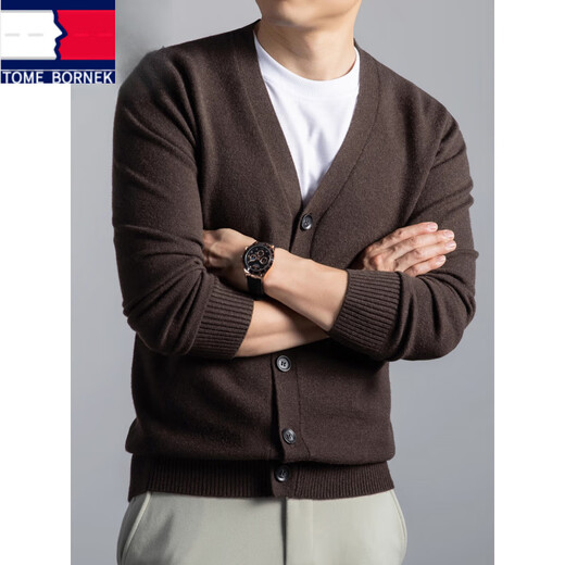 TOME BORNEK high-end 100% pure wool cardigan men's V-neck autumn and winter middle-aged sweater jacket business casual knitted bottoming shirt navy blue XL recommended 140-155Jin Jin equals 0.5 kg