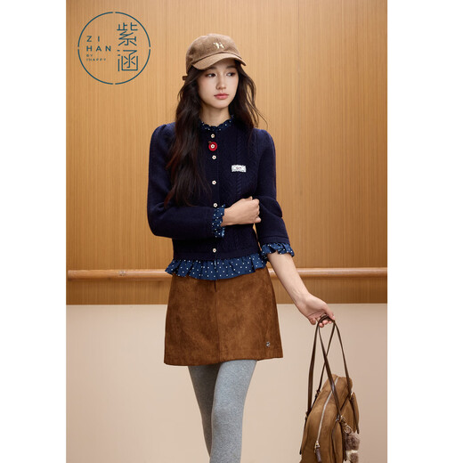 Zihan (ZIHAN) Zihan fake two-piece round neck twist knitted cardigan for women 2025 winter new style polka dot stitching inner sweater jacket, navy M