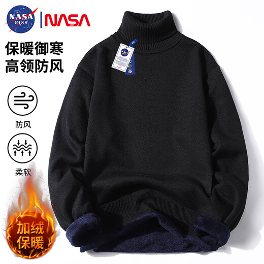 NASA GISS Turtleneck Sweater Men's Autumn and Winter Velvet Warm Sweater Men's Sweater Turtleneck Black Velvet L