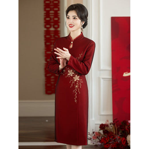 Luo Meng brand wedding grandma's wedding banquet dress 2026 autumn and winter new style noble new Chinese cheongsam wedding mother dress star burgundy plus velvet long sleeve 2XL