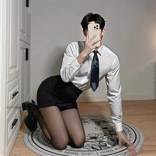 Large size secretary outfit sexy butt-covering uniform pure desire suit qqny gay role-playing men's emotional uniform men's secretary outfit shirt + hip-covering skirt + thong + tie M recommended weight 80-100Jin Jin is equal to 0.5 kg