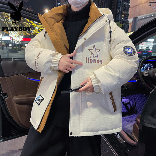 Playboy (PLAYBOY) Winter Trendy Brand Down Jacket Men's 2025 Thickened Spliced Cotton Jacket Student Hooded Warm Plush Fleece Jacket 767 Beige 3XL