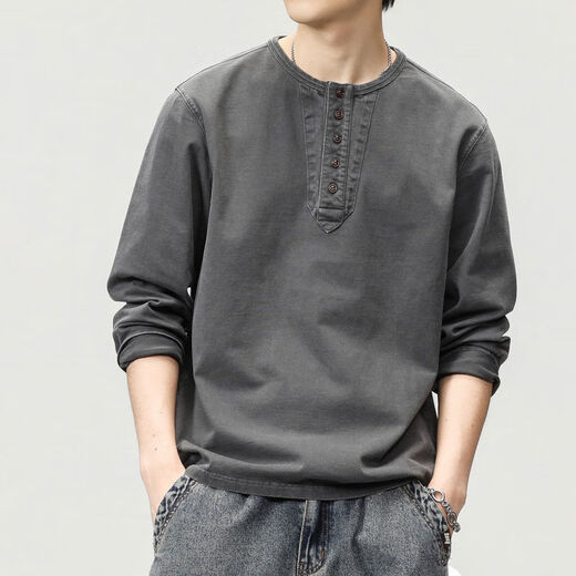 Green Deer high-end retro long-sleeved T-shirt men's spring loose new pure cotton tough guy Henry collar bottoming shirt charcoal gray 2315 long-sleeved S S suitable for 100-120 Jin Jin equals 0.5 kg