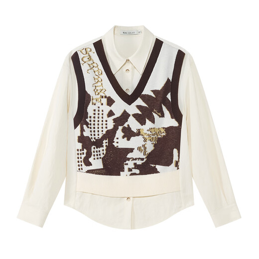 XIRAN 2025 Winter neue Mode modisches vielseitiges lässiges Design Nähte gefälschtes zweiteiliges Langarmshirt für Damen Creme Aprikose XL