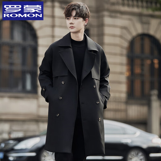 ROMON thin windbreaker jacket for men in spring and autumn mid-length suit collar silhouette coat double-breasted British style trendy top black XL