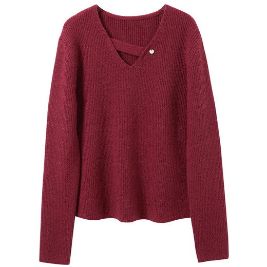 Sancai 2025 new winter design V-neck sweater bright silk sweater pullover loose shoulder casual M Burgundy M 160/84A