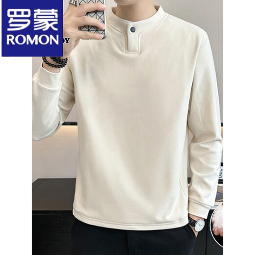 Luo Meng Down T-shirt Men's Long Sleeve 2025 Winter Trend Henry Collar German Velvet Inner Bottoming Shirt Men 3319 Beige M 90-110