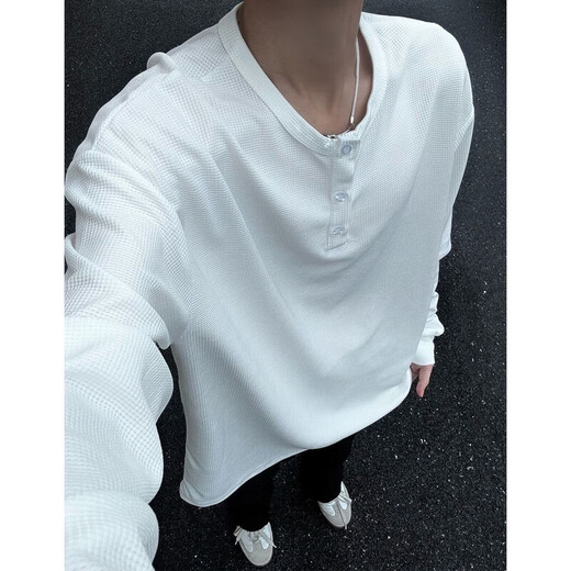 He Jian Gong Bengo long-sleeved T-shirt gray Henry collar long-sleeved T-shirt men's spring American waffle sweatshirt loose couple black L 2L 145165Jin Jin is equal to 0.5 kg