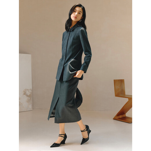 JUZUI Shopping Mall Same Style Zhimei Workplace Commuting Wool Shirt Women 2024 Winter Model JWED60108 Dark Gray L