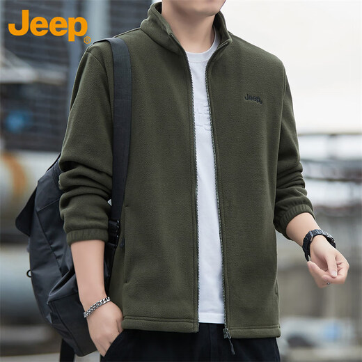 Jeep (JEEP) Jacket Men's Autumn and Winter Polar Fleece Thickened Executive Casual Work Clothes Dark Army Green XL