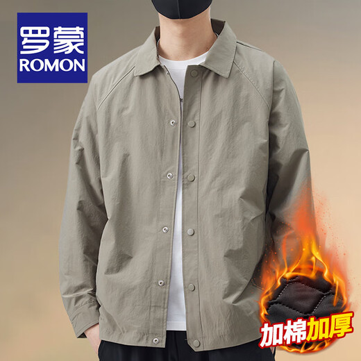 ROMON Men's Lapel Jacket 2025 Spring and Autumn New Solid Color Casual Handsome Top Loose Simple Fashion Windproof Jacket Regular Style 8802 Gray Green XL (Recommended 135-155 Jin Jin equals 0.5 kg)