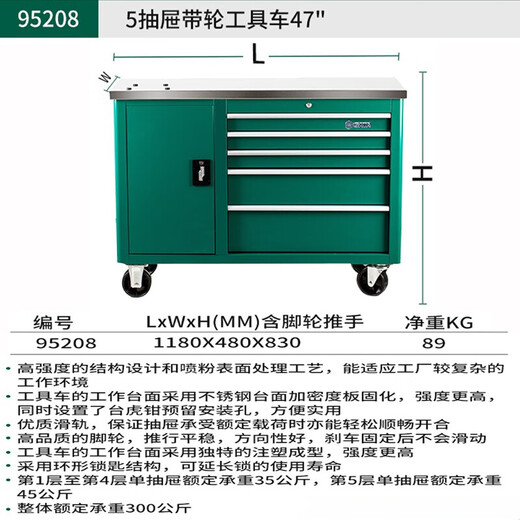 SATA 95208 five-drawer wheeled tool cart 47 Auto repair and maintenance multi-functional drawer-type mobile storage cabinet cart 95208 five-drawer wheeled tool cart 47