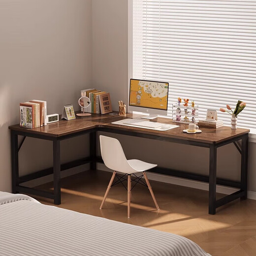 Corner gaming table computer table desktop home double desk bookshelf integrated table bedroom L-shaped table office desk single table dark walnut color right 120x100x75cm