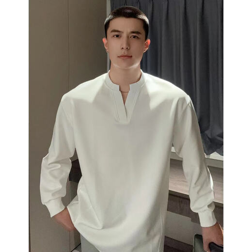 Muwei high-end black bottoming sweatshirt men's autumn new casual versatile heavyweight Henry V-neck top jacket black L recommended 110-125Jin Jin equals 0.5 kg