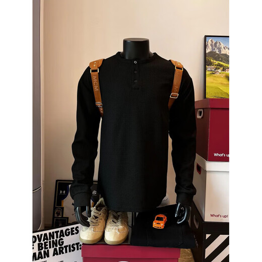 PUGESI Henry collar waffle long-sleeved t-shirt for men in spring and autumn American style shoulder polo sweatshirt heavy black inner layering shirt black regular M 80-100Jin Jin is equal to 0.5 kg