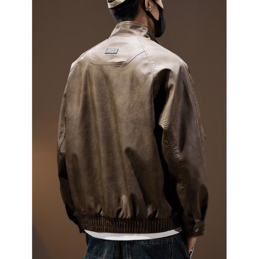 Pure (YISHion) leather jacket for men Maillard retro motorcycle style PU leather jacket for men 2025 spring and autumn new pilot jacket for men J034 coffee color regular M suitable for weight 100-120Jin Jin equals 0.5 kg