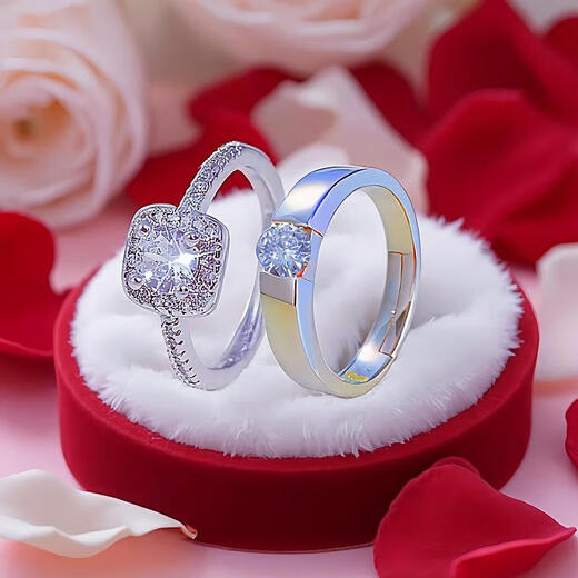 Beimeixing Old Phoenix 999 wedding ring simulation pair of wedding rings for men and women adjustable proposal fake diamond ring T style ring + 1 large velvet gift box