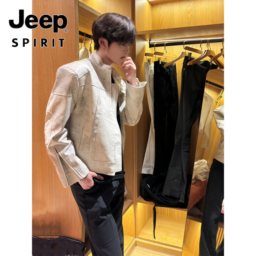 JEEP SPIRIT American short motorcycle leather jacket for men with high-end design, handsome and fashionable stand-up collar bomber jacket, gray, upgraded, high quality, versatile and fashionable, M 100-115Jin Jin is equal to 0.5kg. Collect and purchase for priority delivery.