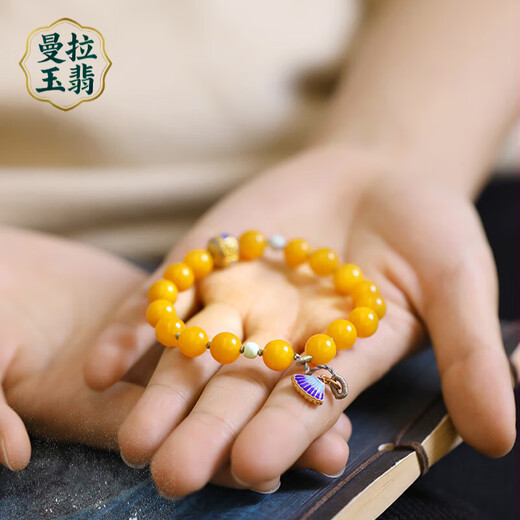 Manla Jade Pei natural full honey chicken fat yellow old beeswax round bead bracelet with turquoise cloisonné beeswax bracelet for women style 1