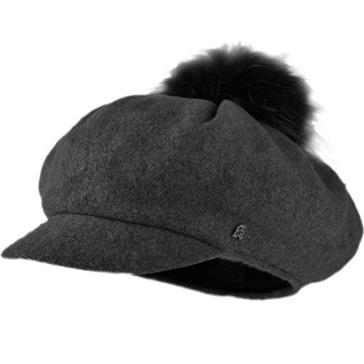 Kenmont raccoon fur ball woolen cute painter hat for women, versatile skin-friendly plus velvet warm octagonal beret, dark gray M adjustable (57.5c)