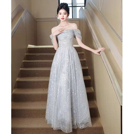 Fu Ling New Year's Day Party Strapless Evening Dress One Shoulder Women 2026 New Style Light Luxury Niche High-end Graduation Host Adult Silver Gray 3XL