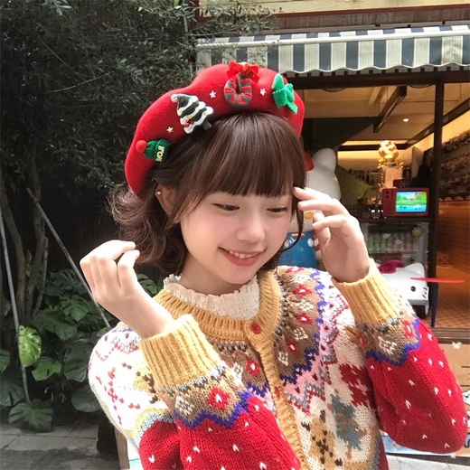 Zhizhou Christmas Hat Winter Female Beret Parent-child Student Warmth 2025 New Sweet Painter Hat Shows Small Face Red Christmas Tree Head Circumference 48-52cm Children's Size One Size