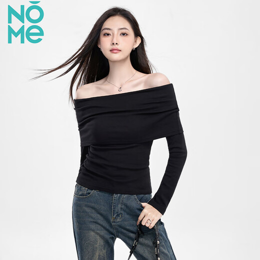 NOME long-sleeved women's spring and autumn new high-end black off-shoulder one-shoulder pure desire bottoming top black S