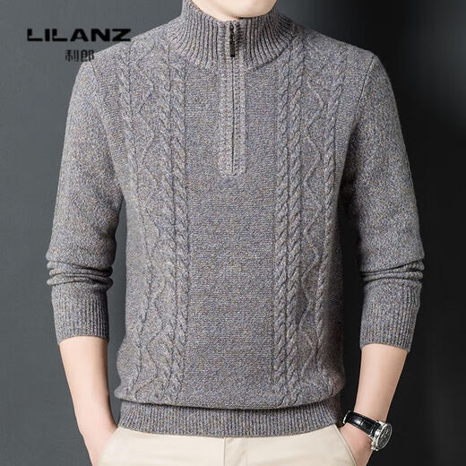 Lilan pure wool zipper turtleneck thickened sweater for men autumn and winter new youth casual twist solid color warm top, wheat color thickened 14XL (180)