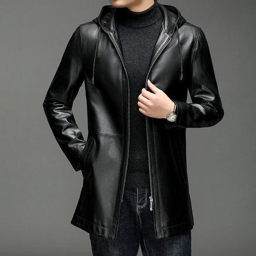 Fat Donglai Supermarket purchasing sheepskin hooded leather jacket for men in autumn business casual men's jacket fashionable and versatile same style black L suitable for 110-130Jin Jin equals 0.5 kg