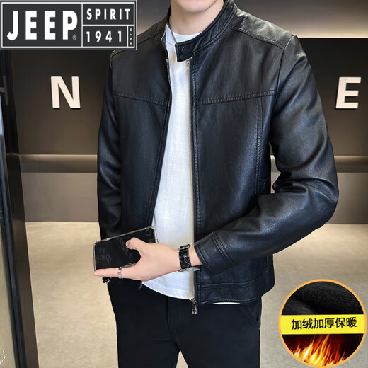 JEEP SPIRIT Velvet Leather Men's Jacket Autumn and Winter 2025 New Trendy Brand Handsome Slim Stand Collar Thickened Warm Leather Jacket Men Black Velvet M