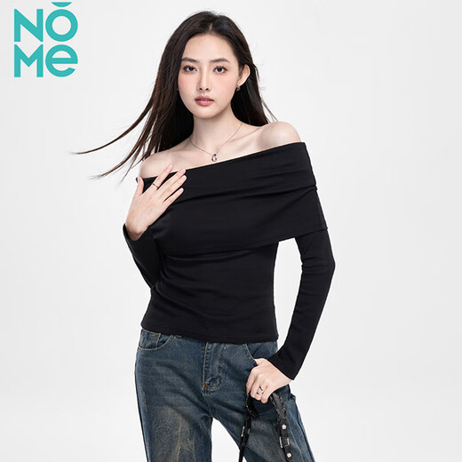 NOME long-sleeved women's spring and autumn new high-end black off-shoulder one-shoulder pure desire bottoming top black S