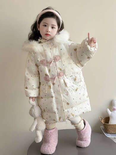 BALA suitable for girls' down jacket winter 2025 new style Western style children's white duck down little girl baby beige full size, large fur collar 90cm
