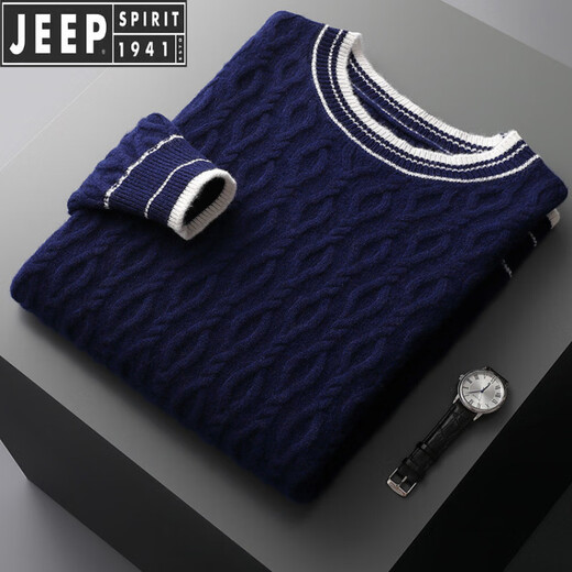 JEEP SPIRIT Jeep cardigan men's thick wool warm winter new sweater sweater fashion round neck pullover casual contrast color navy S