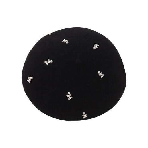 Fei Hao wool beret women's autumn and winter pumpkin hat alpaca classic version solid color warm cashmere face showing little buds alpaca rhinestone black one size adjustable