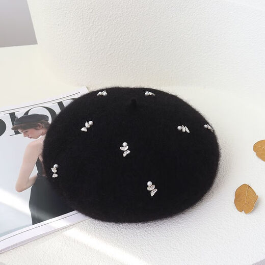 Fei Hao wool beret women's autumn and winter pumpkin hat alpaca classic version solid color warm cashmere face showing little buds alpaca rhinestone black one size adjustable