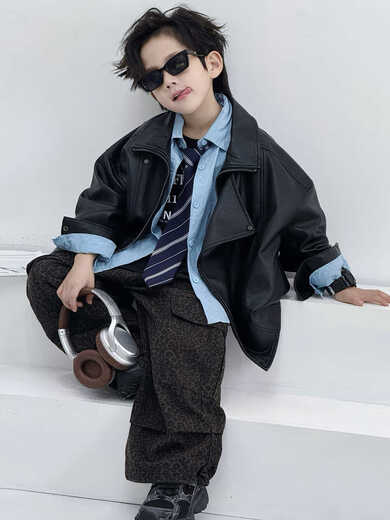 BALA is suitable for Korean autumn and winter new children's leather jackets PU leather jackets for boys, middle-aged and teenagers, black 110cm, recommended height is about 110CM
