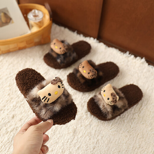 ABCTX leopard print children's furry slippers cute cat home autumn and winter new non-slip warm baby girl's cotton slippers leopard print brown--kt cat 24 25 (inner length 16cm)