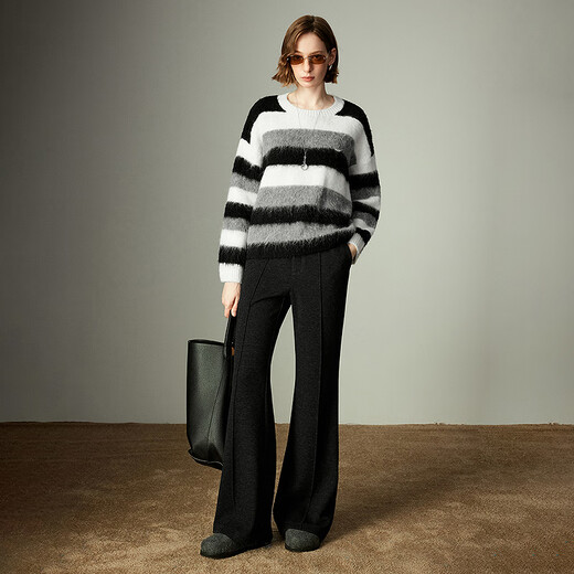 Chuyu Sweater Women's 2025 Winter New Style Round Neck Loose Black and White Stripes with Wool Atmosphere Long Hair Flow Top Black, White and Gray Stripes S