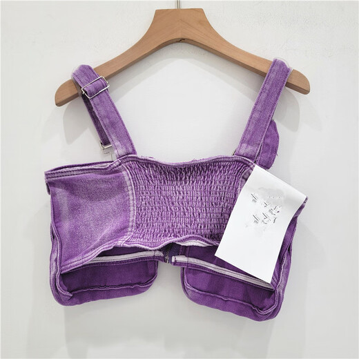 European and American style design three-dimensional work clothes pockets retro hot girl denim tube top suspender sleeveless top for women trendy purple 12156 S