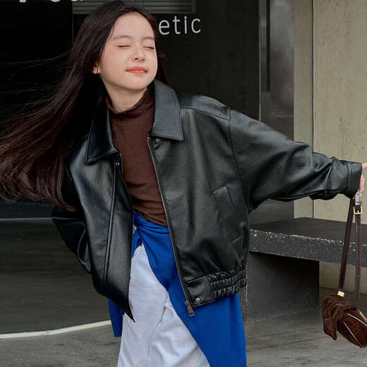 BALA is suitable for 2025 autumn new children's PU leather jacket girls boys, middle and large children motorcycle retro short black 110cm height about 110cm
