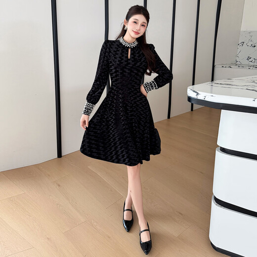 Five orange dresses, new autumn and winter styles, with coats and large beading, Hepburn style black velvet long skirt, black short style L