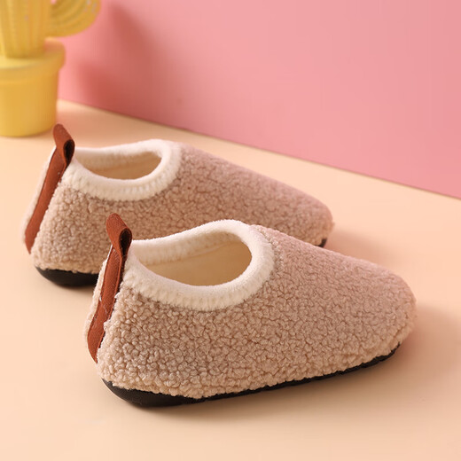 Children's floor socks anti-slip spring thickened plus velvet baby shoe covers boys and girls indoor insulation cotton slippers beige curly plush 26-27 size 15cm inner length