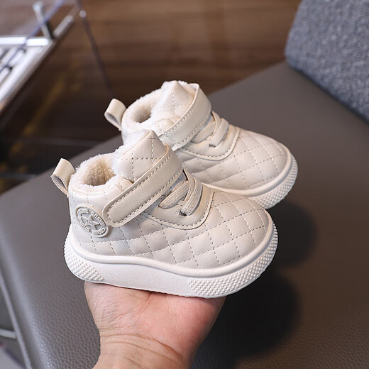 BAOZOUXIE autumn and winter high-top soft-soled non-slip toddler shoes for boys and girls 1-3 years old plus velvet and thickened warm cotton shoes bread shoes white 16/11.5 inner length