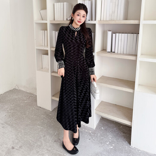 Five orange dresses, new autumn and winter styles, with coats and large beading, Hepburn style black velvet long skirt, black short style L