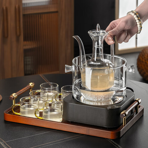 BOMP Japanese-style high temperature resistant glass wine kettle household wine warmer old-fashioned wine kettle hot wine scalding wine kettle white wine cup set imitation Song Dynasty wine kettle + binaural wine warmer + electric ceramic stove 600W 600ml