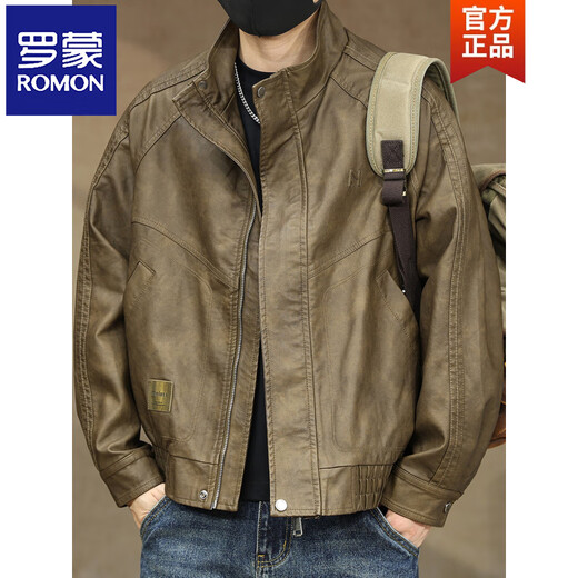 ROMON leather jacket men's Maillard retro motorcycle style PU leather jacket men's 2026 autumn and winter new velvet pilot jacket black gray M 100-130Jin Jin equals 0.5 kg